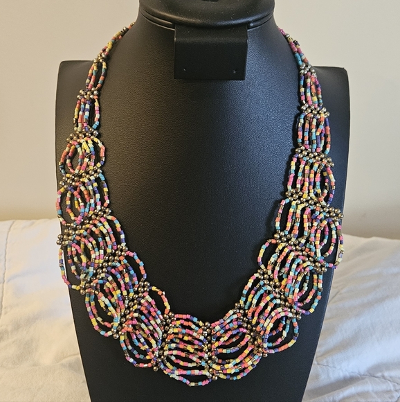Source Unknown Jewelry - Rainbow Beaded Bib Necklace hand Beaded Artisan